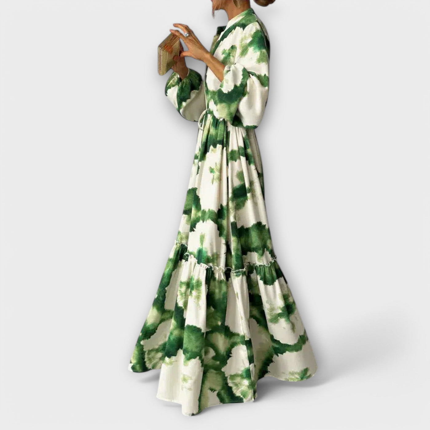 Melina – Green Maxi Dress with Long Sleeves and V-Neckline